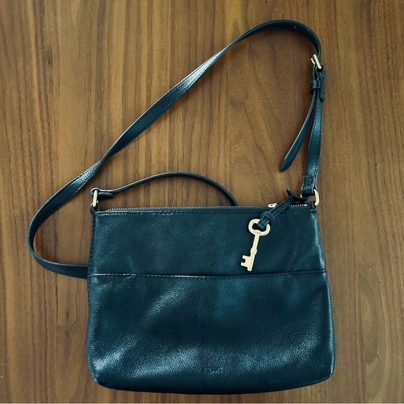 Fossil Handbags - FOSSIL Black Leather Crossbody Purse with Gold Key Charm - Medium Size